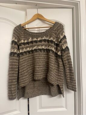 Free People Cozy Knit High-Low Sweater in Taupe and Cream